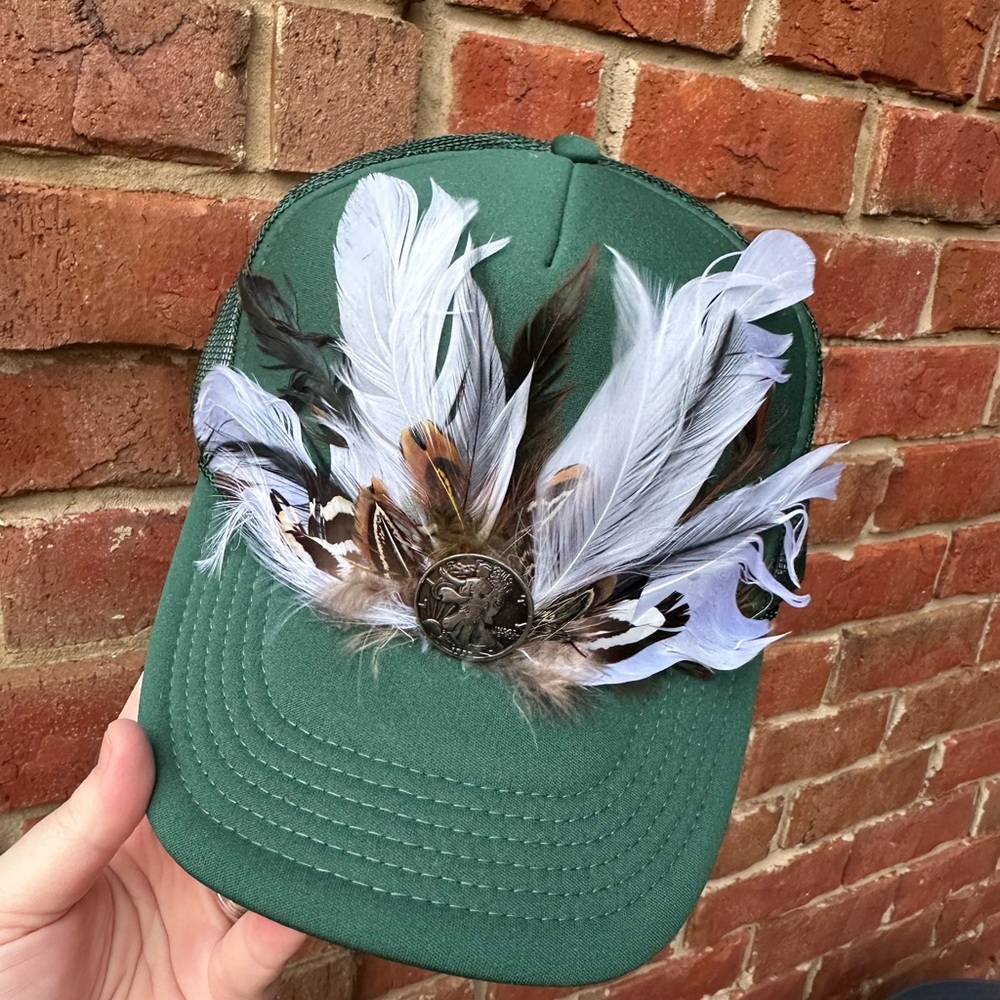 Green Feather Embellished Trucker Hat